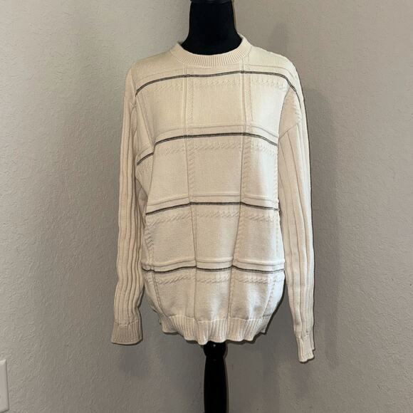Haggar Sweater Men's Large Ivory Striped Cotton Long Sleeve Crew Neck Pullover - Picture 1 of 7